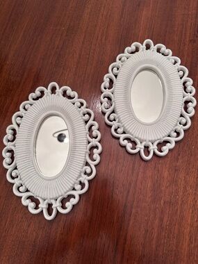 Vintage Home Interior White Ornate Oval Wall Mirrors - Set of 2